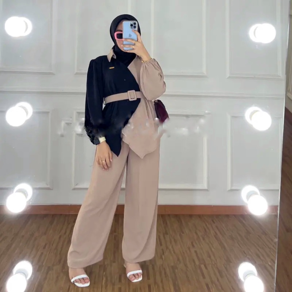 Diana Setelan Wanita Belt Korean Style Crinkle Airflow One Set Kekinian Kombinasi Warna Viral