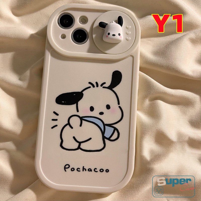 IPHONE Pasangan Casing Ponsel Kompatibel Untuk Iphone7 8 Plus11 13 12 Pro MAX XR X XS MAX Lucu Pochacco Lembut TPU Kartun 3D Boneka Push Pull Jendela Penutup Pelindung Lensa Kamera