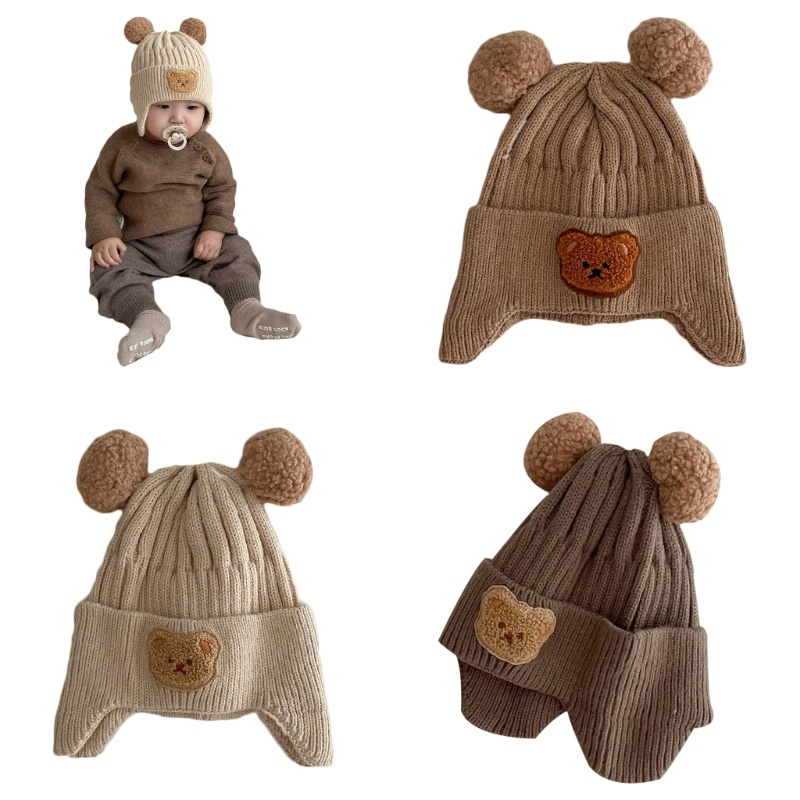 Mary Winter Knit Baby Hat Kupluk Hangat Untuk Anak Laki-Laki Perempuan Bayi Balita Baby Beanie Dengan Dekor Beruang Lucu