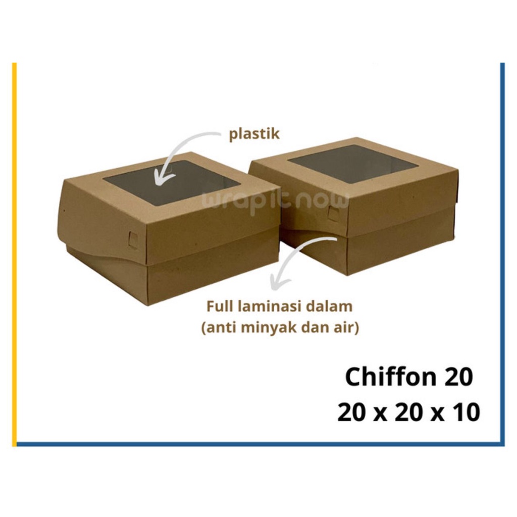 

CAKE BOX KRAFT MIKA 5 pcs 20X20X10 CHIFF 20 LAMINASI 365 GSM (SENYAWA)