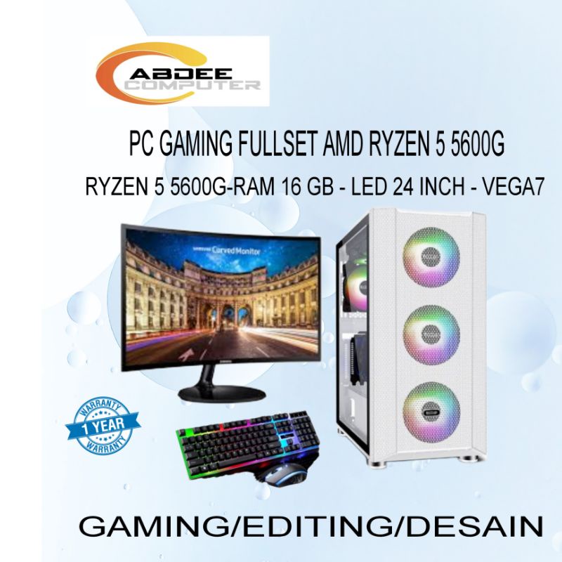 PC GAMING Fullset AMD Ryzen 5 5600G Ram 16 GB SSD 128 GB Led 24&quot; Samsung Lengkap
