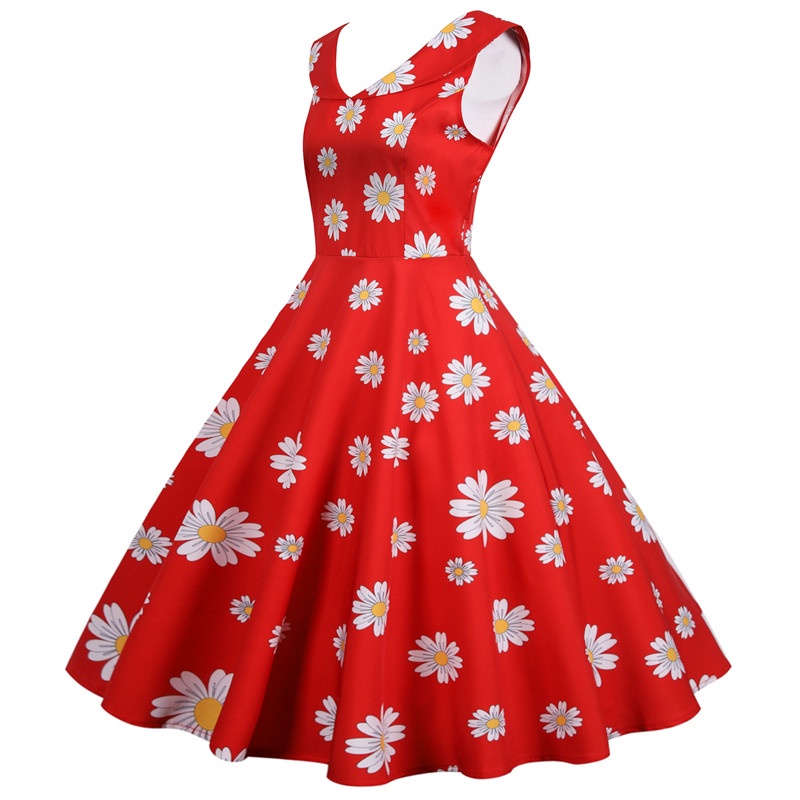 ✧✷AliExpress Musim Panas Manis Boneka Kerah Tanpa Lengan Daisy Cetak Pinggang Slimming A-Line Swing 