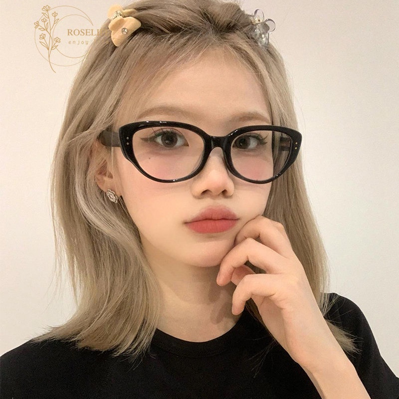 Roselife Korean Retro Fashion Cat Eye Eyeglasses Untuk Wanita Perempuan Trendi Face-lift Beauty Glasses Outdoor Fashion Eyewear