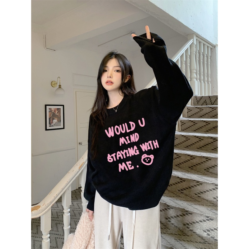 EUNII Sweater Lengan Panjang Cute Pink English Korean Style/Sweater Crop/Baju Wanita/Switer Wanita/Switer