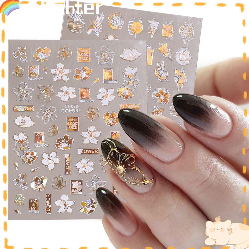 Solighter Stiker Nail Art Manicure Bunga Daun Shiny Gold White