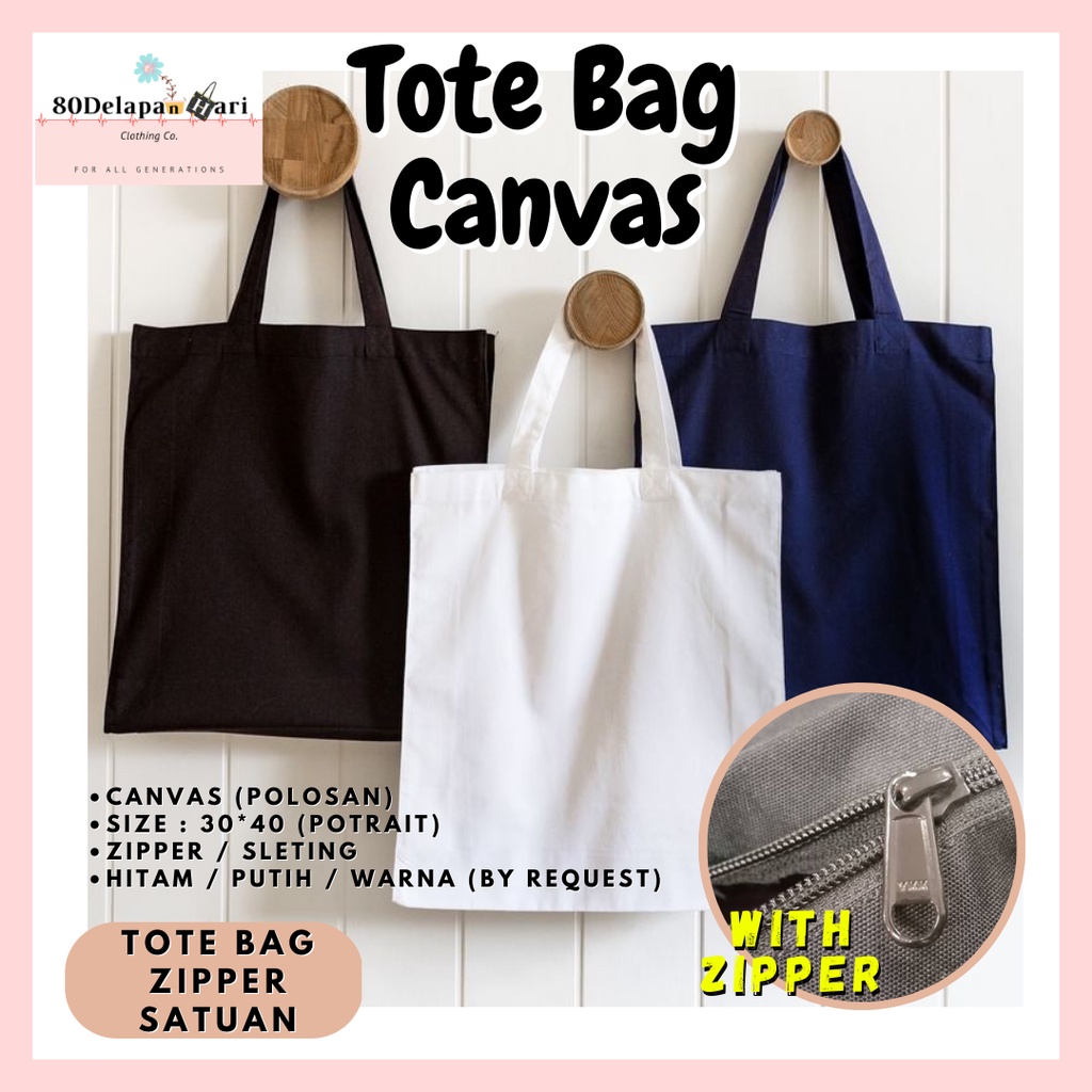 Tas TOTE BAG Kanvas POLOS ( 40 x 30 Zipper/Sleting) Hitam/Putih