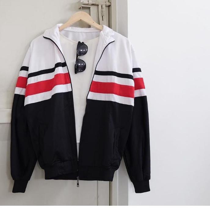 ♧ Jaket tracktop putih hitam garis merah ●
