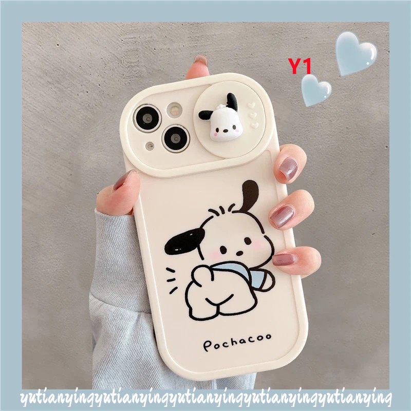 IPHONE Pasangan Lucu Pochacco Case Kompatibel Untuk Iphone11 13 12 Pro MAX Xr7 8 Plus X XS MAX Lembut TPU Kartun 3D Boneka Push Pull Jendela Penutup Perlindungan Lensa Kamera