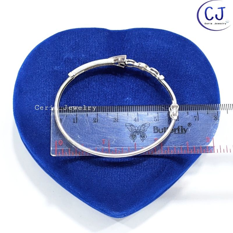 Gelang Perak Asli Silver 925 Lapis Emas Putih Model Bangle Variasi Bunga Pink - Perhiasan Perak Asli