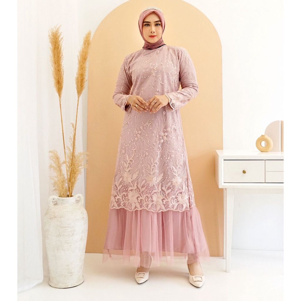 (Full Tile Brukat) Gamis Arini Full Tile Bordir Mutiara Glitter Brukat Tulle Brokat Maxi Dress Pesta