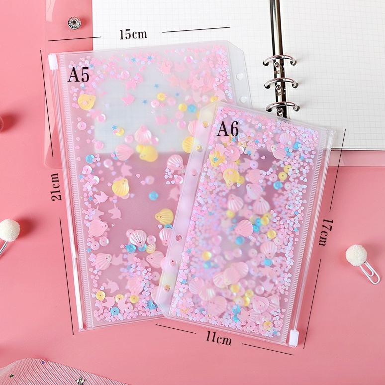 

O78 Sequin Zipper Binder A5 A6 6 Holes Separator Glittery / Pocket Cash Budget Folder Planner Pouch, Warna Pink RESTOCK ミ