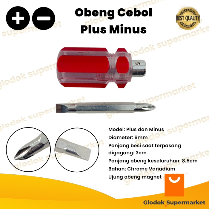 Obeng Cebol Bolak Balik Diameter 6mm Plus Minus Gagang Karet Mini