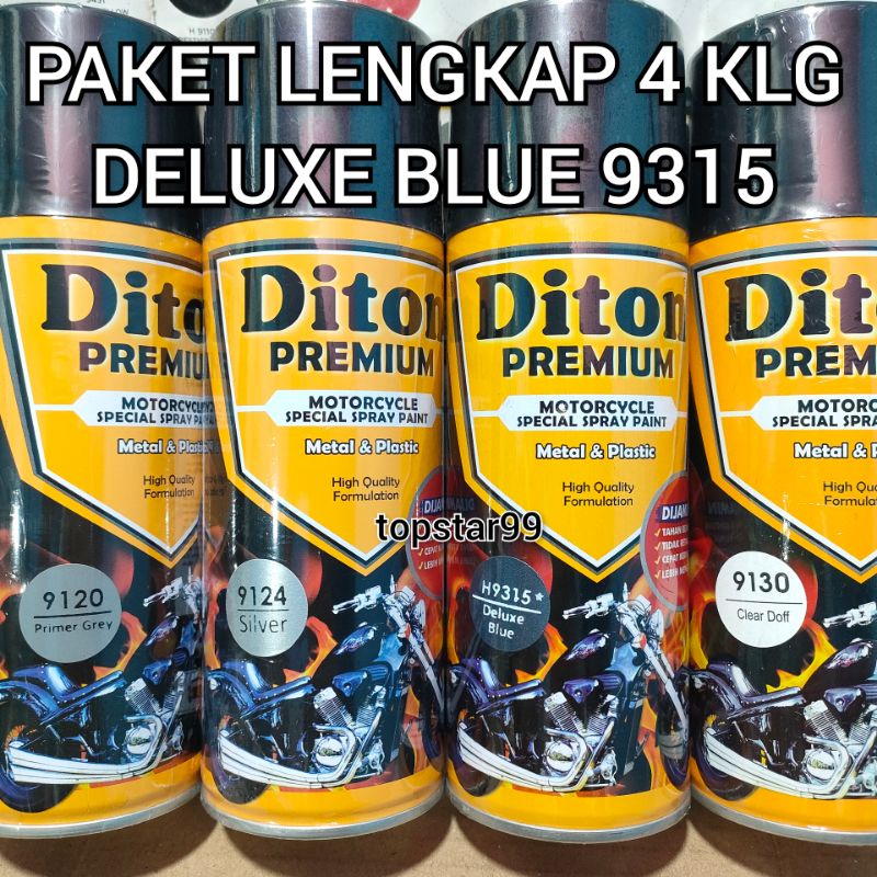 Pilok Cat Diton Premium Paket Komplit 4 Kaleng Deluxe Blue Biru 9315 Primer Grey 9120 Silver 9124 Clear Doff 9130 400cc Pilox Paketan Cat Semprot Special Spray Paint
