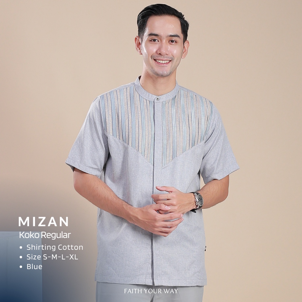 Muslimadani Baju Koko MIZAN Kemko Dewasa Lengan Pendek Baju Muslim Kemeja Koko Pria Bordir-BLUE