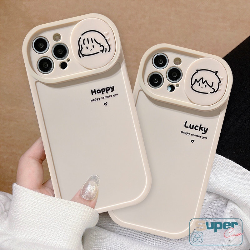 Casing Ponsel Kompatibel Untuk IPhone 7plus 8plus 11 12 13 Pro MAX XR 7 8 Plus X XS MAX Kartun Lucu Cewek Cowok Beruntung Push Pull Window Pelindung Lensa Kamera Soft TPU Couples Cover