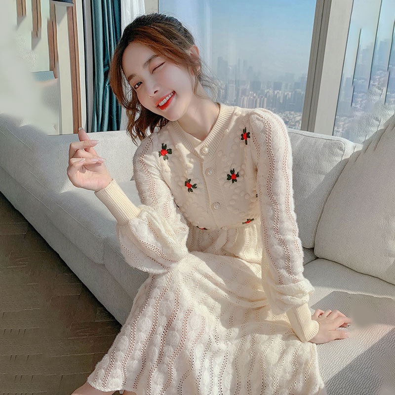 Langyi Rajutan Gaun Borr Mos Lengan Panjang Slim Fit Ketat Pinggang  Korea Leher Bulat Panjang  Dres