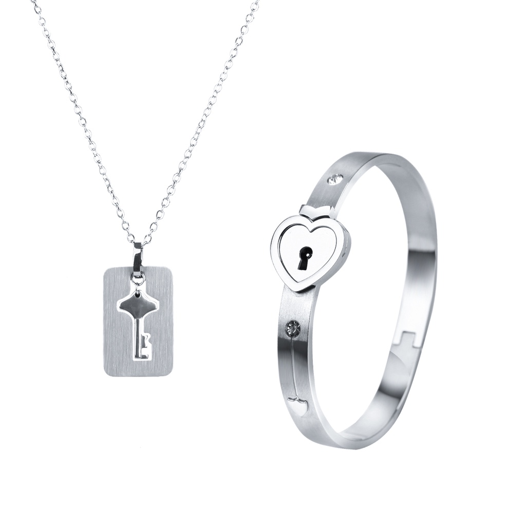 2pcs/set Pasangan Pecinta Perhiasan Cinta Hati Lock Gelang Stainless Steel Bracelets Bangles Kunci Liontin Kalung Jewelry
