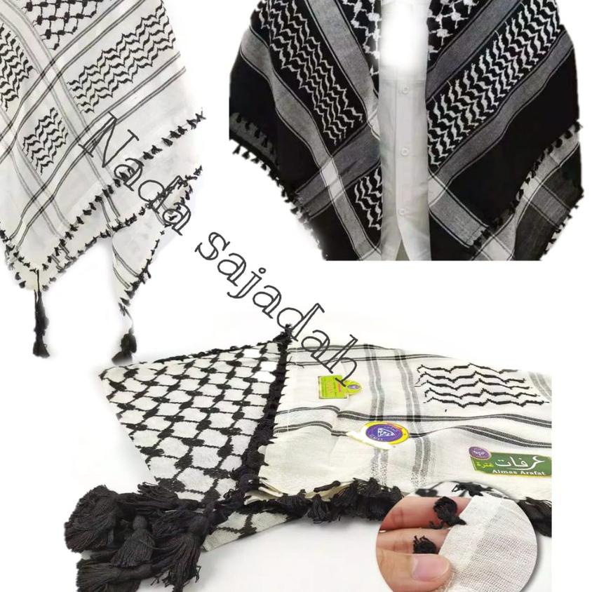 ♦ &Sorban Kashmiri ARIFAT Segi Empat Rumbai Kusus Hitam & Putih Viral Original India Sorban Exclusif