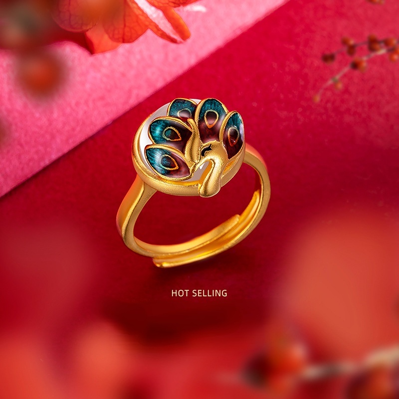 Goldkingdom Perhiasan Fashion 24 K Bangkok Aksesoris Ready Stock Enamel Retro Senior Sense Peacock Ring Cincin Perempuan Membakar Biru Berlapis Emas