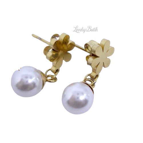 Anting Titanium Wanita Anti Karat Gandulan Mutiara Flower Anting Tindik Terbaru - Lovelybutik