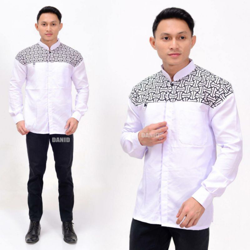 BAJU KOKO ORIGINAL HILWA MOTIF FALCON WARNA PUTIH KOMBINASI BATIK TERBARU