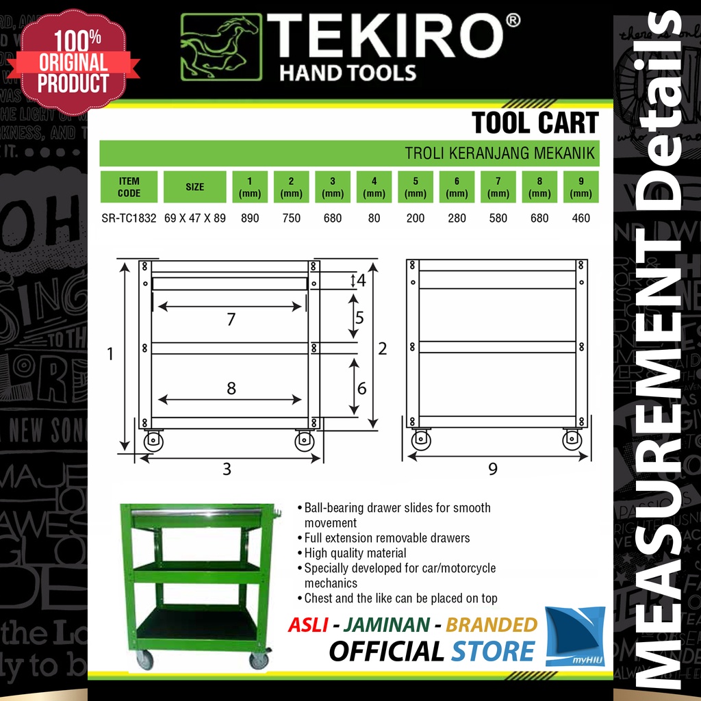 Troli Meja Mekanik Rak Kunci 3 Susun Hijau - Mechanic Tool Cart TEKIRO