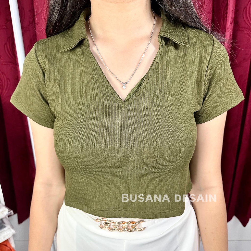 KAOS POLO KNIT TOP V NECK / KAOS LENGAN PENDEK CROP TOP