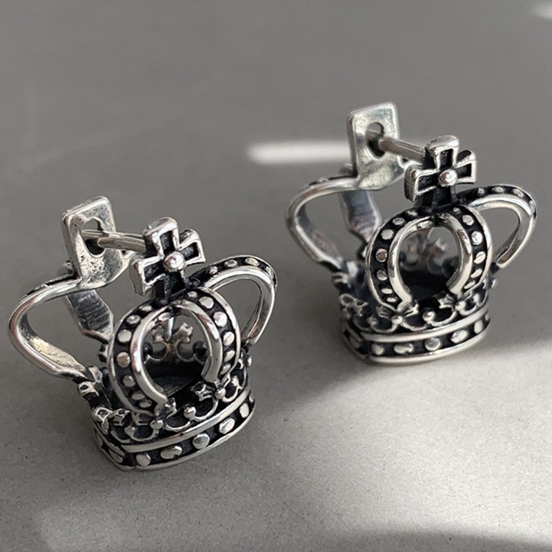Vintage925 Sterling Silver Salib Berongga Mahkota Hoop Stud Earrings Gesper Untuk Wanita Lucu Perhiasan Halus