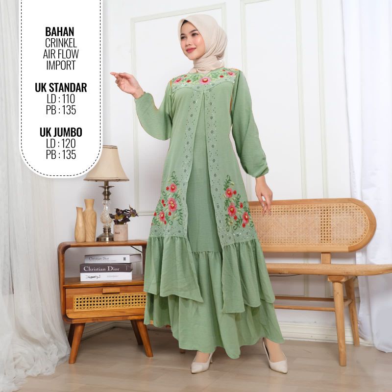 JIEESHOPP (JUMBO) Gamis Crinkle Premium Motek Bordir bunga Best seller.mewH,BORDIR,pesta