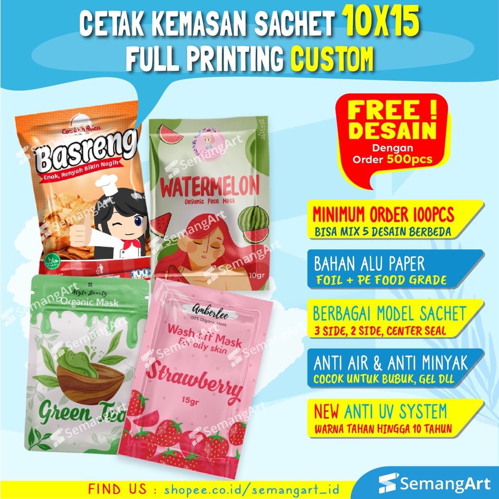 Cetak Kemasan Pembungkus Sachet Plastik Klip Ziplock Flat Bottom Full Printing Makanan / Masker / Bu