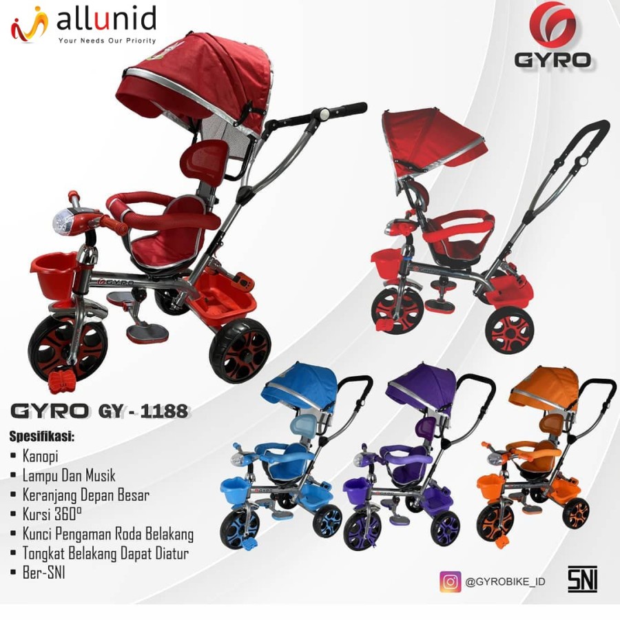 Sepeda Roda Tiga Anak Stroler GYRO 1188 NEW Tricycle Bike