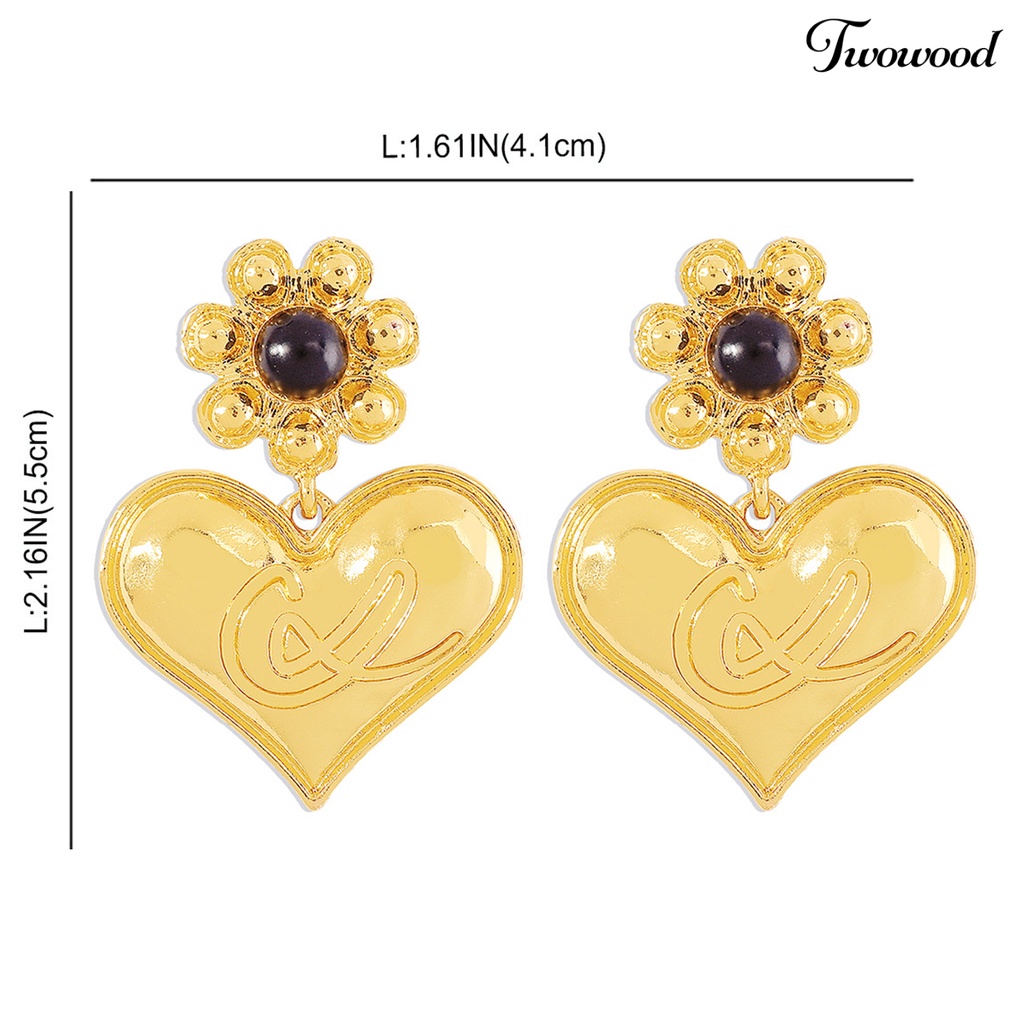 Twowood 1pasang Liontin Anting Temperamen Geometris Jenis Perancis Mutiara Imitasi Bentuk Bunga Berdandan Hias Gaya Istana Vintage Hati Menjuntai Anting-Anting Perhiasan Aksesori