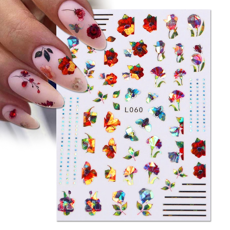 3d Stiker Kuku Warna-Warni Bunga Daun Perekat Diri Transfer Surat Garis Slider Nail Art Decals Aksesoris Manicure Dekorasi