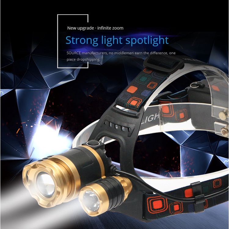 Senter Kepala LED 100 Watt headlamp Zoom LED Cree XM-L T6 3 Mata Senter Kepala Super Terang Senter H