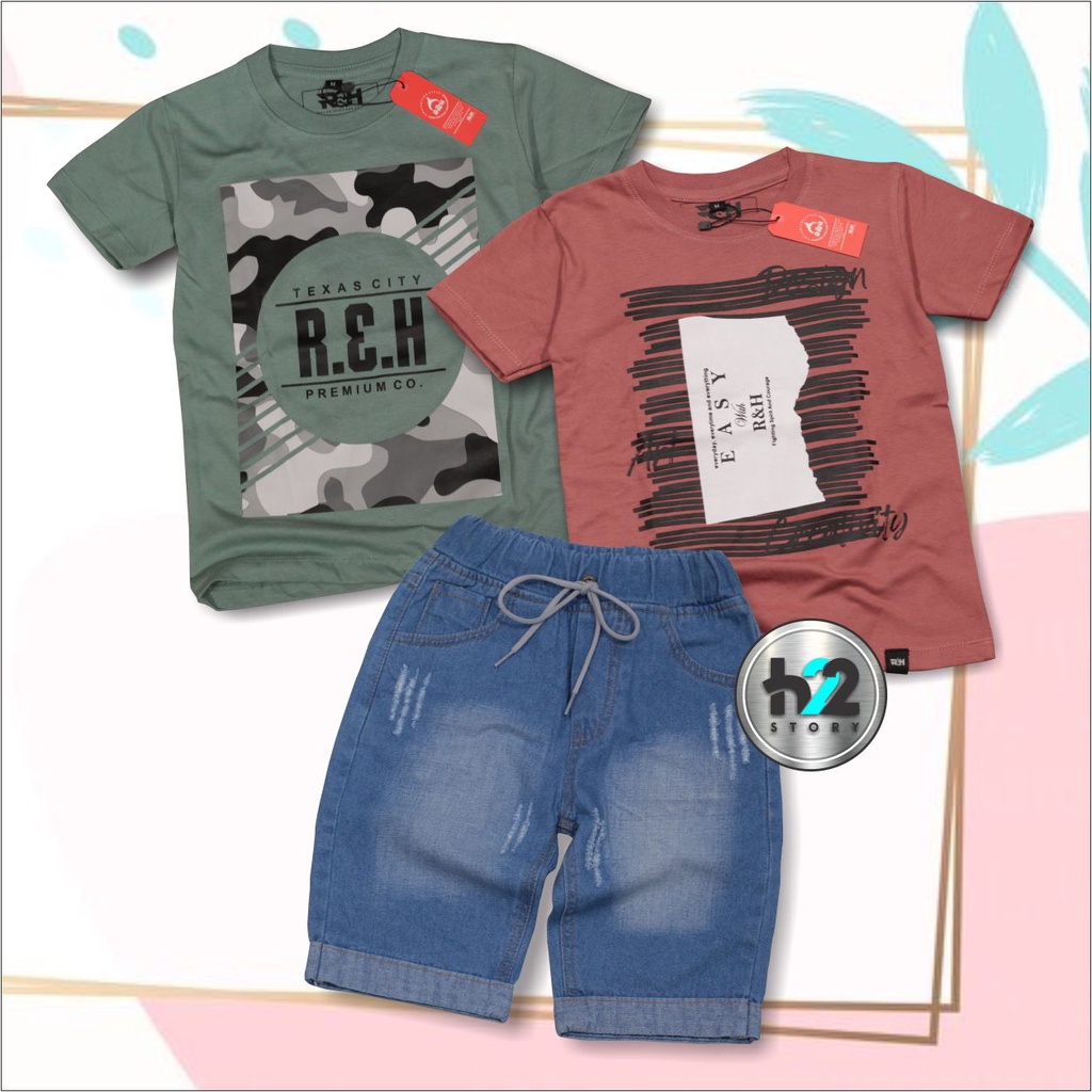 Paket Cakep Setelan Kaos Anak Celana Pendek Jeans Setelan Baju Dan Celana Pendek Anak Laki-Laki Usia 3-12Tahun By H22Story