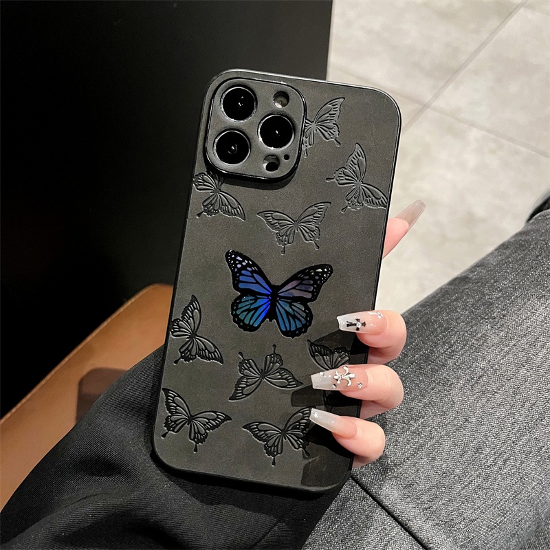 IPHONE Casing Ponsel Bahan Kulit Suede Laser Untuk Iphone14 /14 Pro /14 ProMax/14Plus 13 12 11 Pro Max Casing Hard Motif Kupu-Kupu