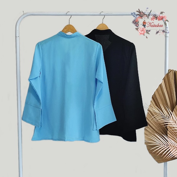 Blouse V-Neck Lengan Panjang Ada Belahan Shirt Blouse Kemeja Kantor Korea Fashion Atasan Wanita Wollycrepe Polos Full Kancing Busui Friendly Fit L