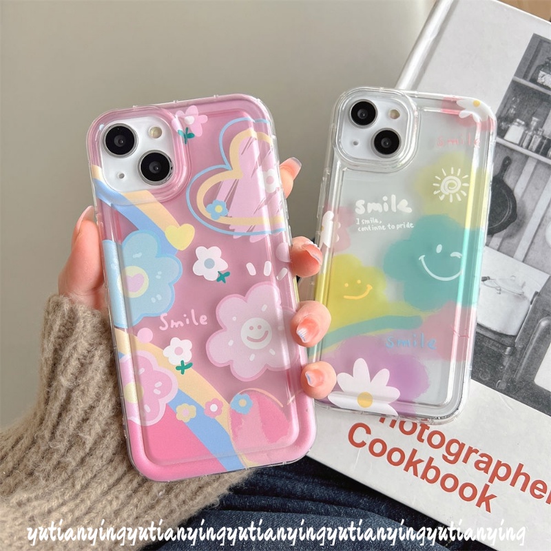 IPHONE Ins Korea Awan Cinta Hati Penutup Belakang Kompatibel Untuk Iphone11 7 8 6 6S Plus XR 14 13 12 Pro MAX X XS MAX Senyum Lucu Segar Cat Air Bunga Lembut TPU Shockproof Airbag Case