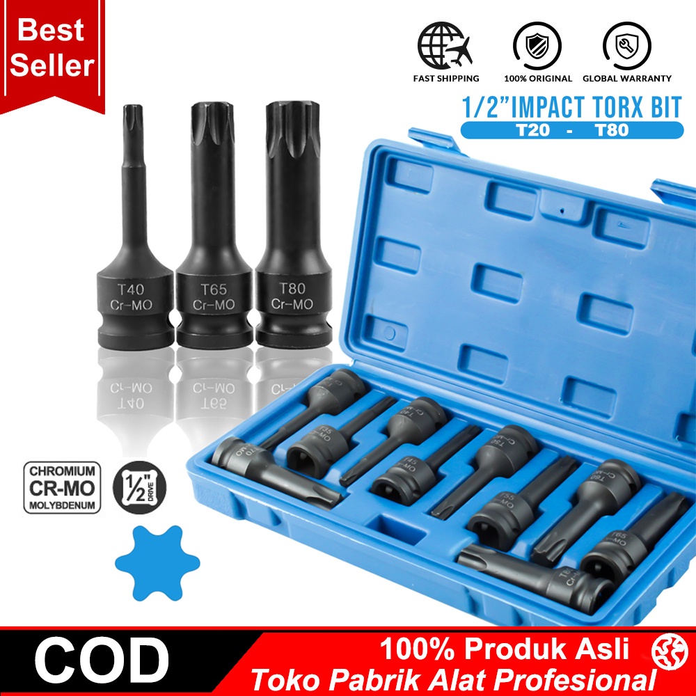 COOFARI Impact Socket Bits 1/2 Inch T20-T80 Driver Metric Star 10PCS Torx Hex Spline Ratchet Screwdriver Bit