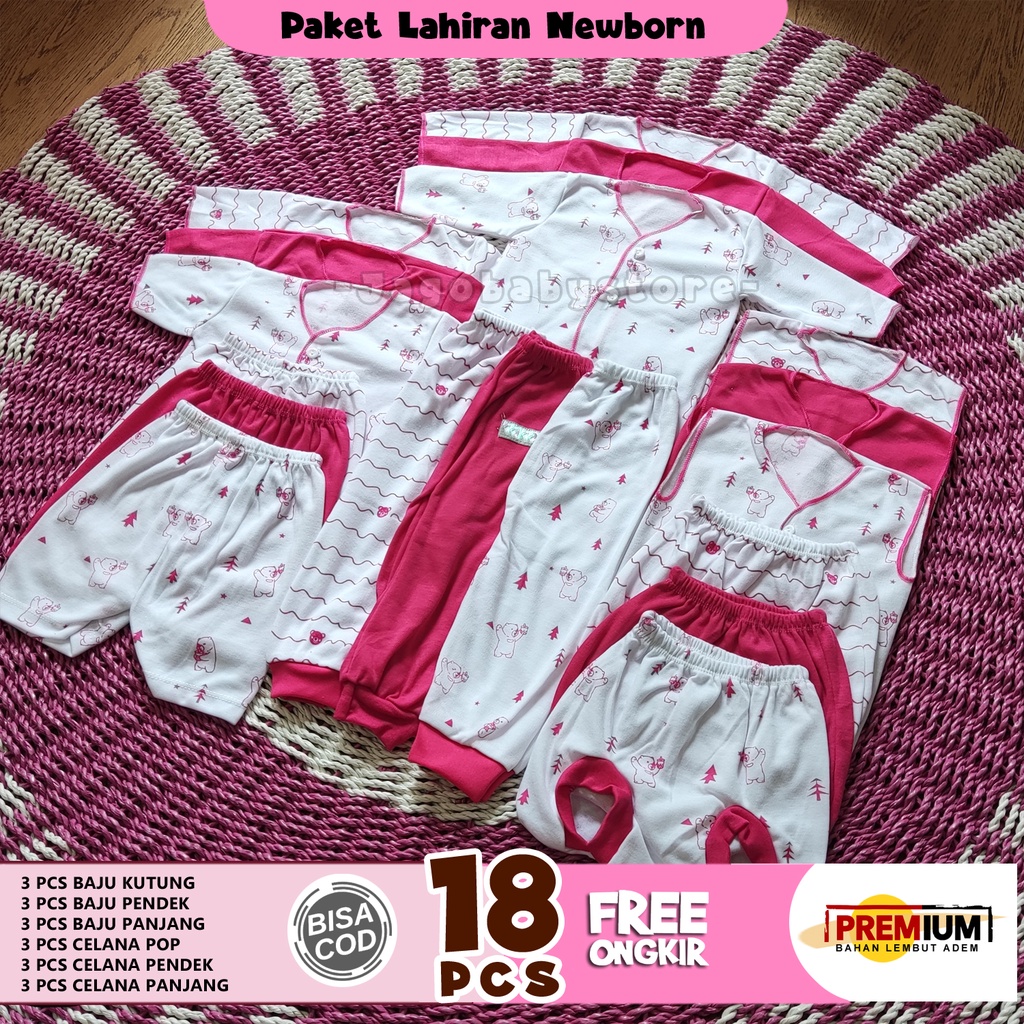 18 Pcs Setelan Celana Baju Bayi Newborn paket lahiran warna pink motif cewek