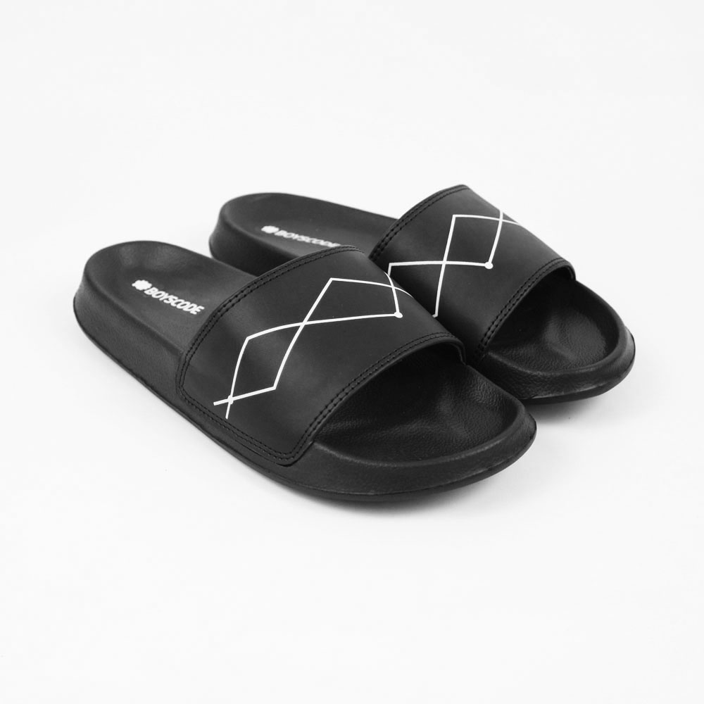 Sendal Slop Pria Wanita BOYSCODE Motif Garis Zig Zag Hitam / Slide Pria / Slip On Pria / Sendal Cowok / Sendal Cewek