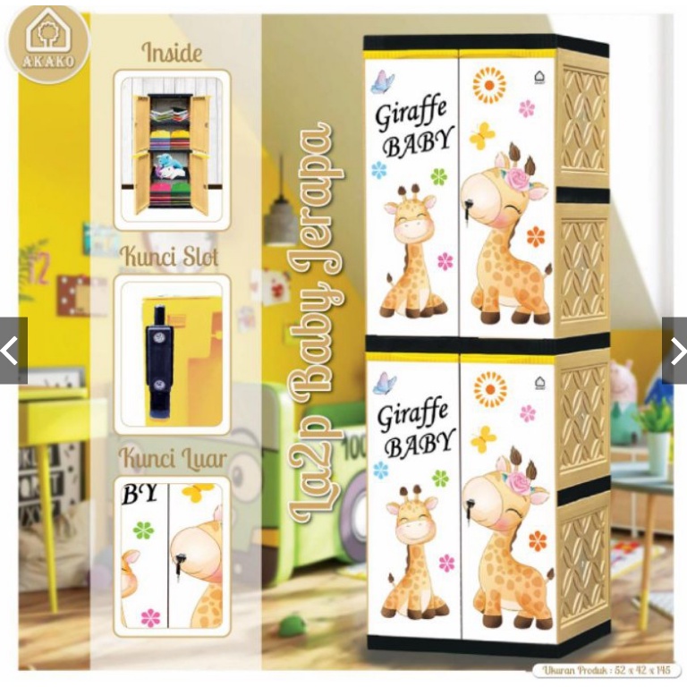 AKAKO - Lemari anak Motif Printing Baby Jerapah, Owl, Teddy Bear, Rainbow Ruby, Train robot, Tayo Ne