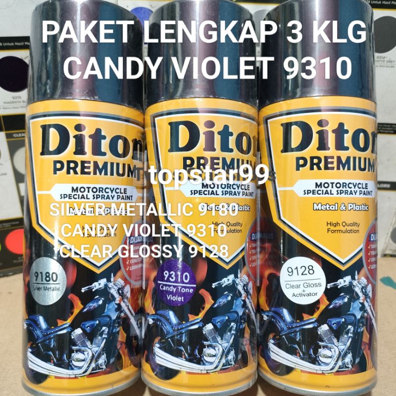 Diton Premium Paket Lengkap 3 Kaleng 400cc Ungu Candi Candy Violet 9310 Silver Metalic 9180 Clear Glossy 9128 Pilox Pilok Cat Semprot Spray Paint