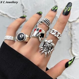 [X C Perhiasan] Fashion Hip Hop 6-Piece Ring Buckle Desain Ukuran Geometris Bahan Logam Perak Vintage Hadiah Ulang Tahun Untuk Pria Dan Wanita