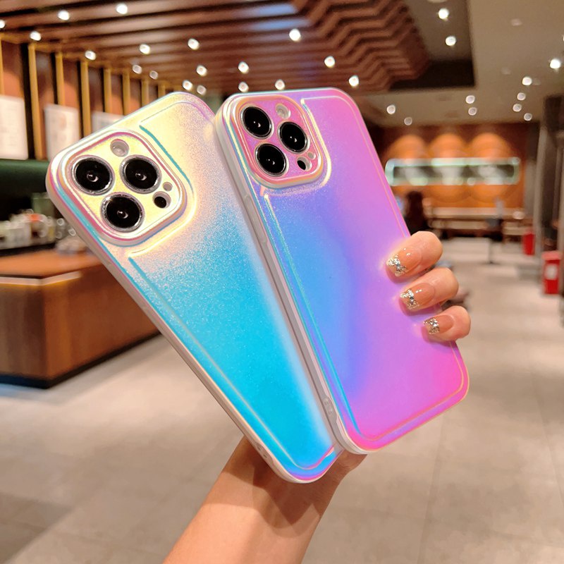 3D Laser Love Gradient Luxury Soft Case iPhone 11 12 13 14 Pro Max Casing INS Silvery Phone Case Women's Fashion Bracelet