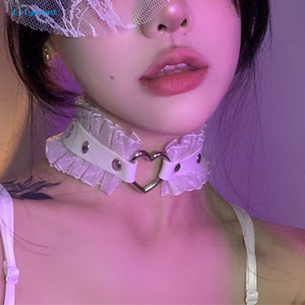 [LS] Wanita Choker Punk Harajuku Ruffle Renda Paku Keling Hadiah Kulit Imitasi Berongga Cinta Hati Gadis Kerah Kalung Pakaian Sehari-Hari