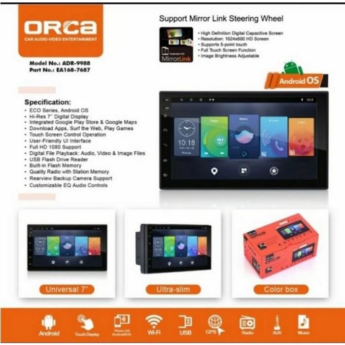 Headunit ANDROID Deckless Double din mobil TV Orca 9988 7 9 10 inch