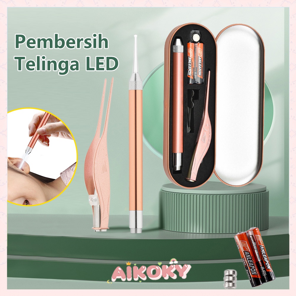 Aikoky Alat Pembersih Telinga LED/Korek Kuping LED Lampu Senter Stainless Set