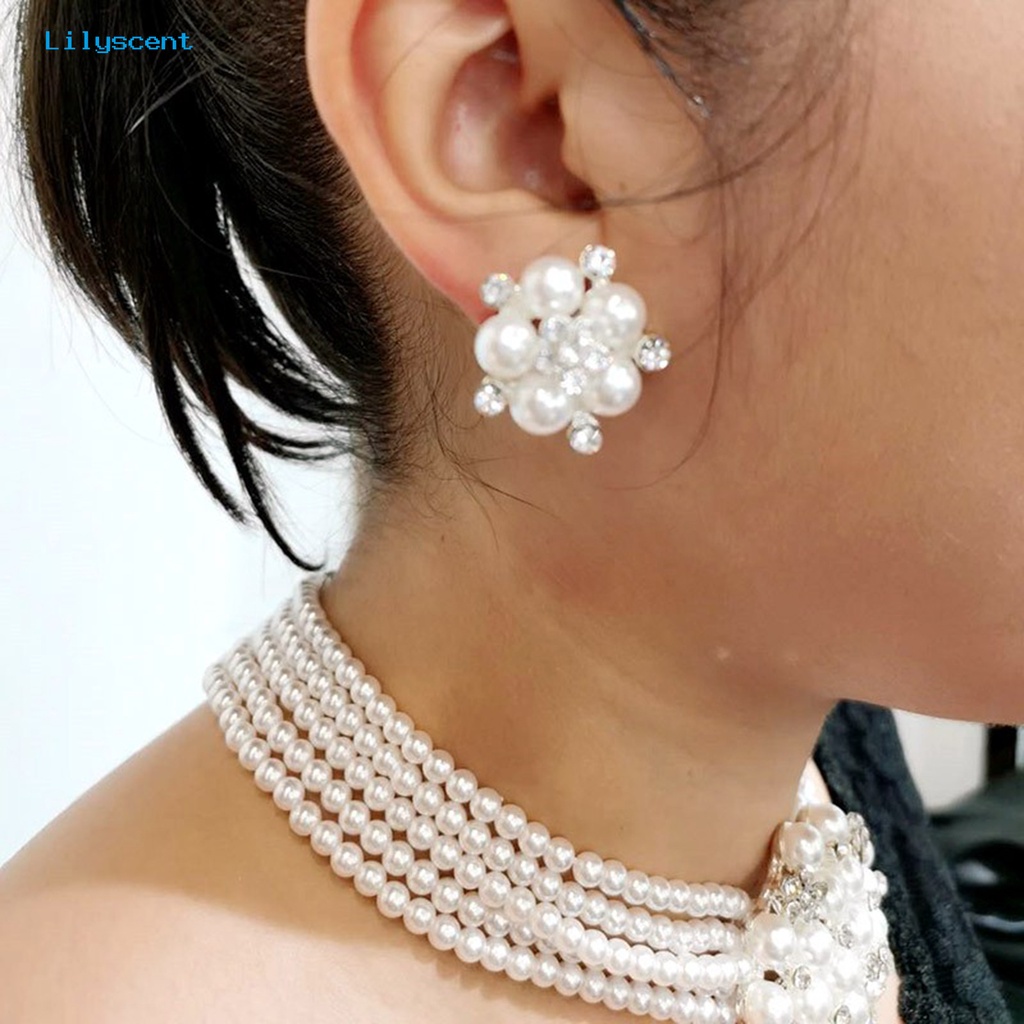 [LS] 1set Kalung Anting Set High Gloss Mengkilap Terang Kilau Diikat Manik-Manik Mutiara Imitasi Bunga Pernikahan Pengantin Kalung Anting Perhiasan Hadiah