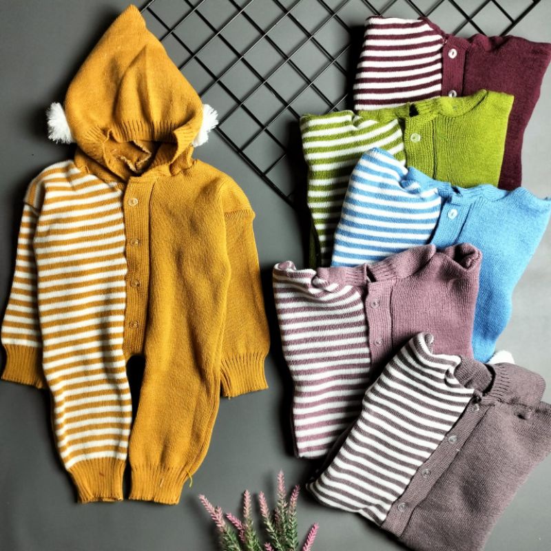 jumper rajut hoodie bayi 0-6 bulan motif salur kombinasi pompom